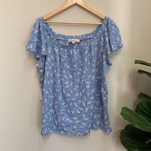 Loft NWT Blue Bee Print Linen Square Neck Top XL